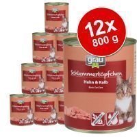 Grau Gourmet viljaton -säästöpakkaus 12 x 800 g - 6 x kana & vasikanliha + 6 x kalkkuna & lammas
