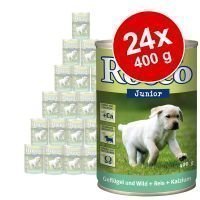 Rocco Junior -säästöpakkaus 24 x 400 g - kaksi makua: kanansydän & riisi + kalsium ja kalkkuna & vasikansydän + kalsium