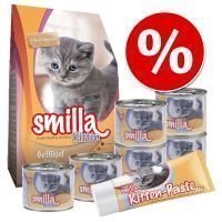 Smilla Kitten -ensipakkaus - 1 kg kuivaruokaa + 6 x 200 g kananmakuista märkäruokaa