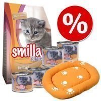 Smilla Kitten -ensipakkaus + kissanpeti - 1 kg kuivaruokaa + 6 x 200 g vasikanmakuista märkäruokaa