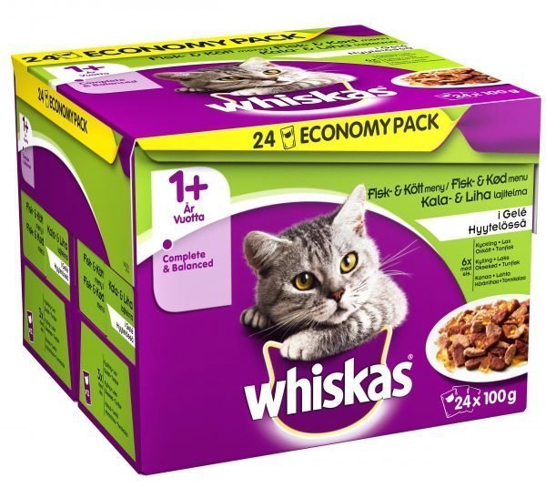 Whiskas 1+ Kala&Lihalajitelma Hyytelössä 24 X 100 G Kissan Annospakkaus