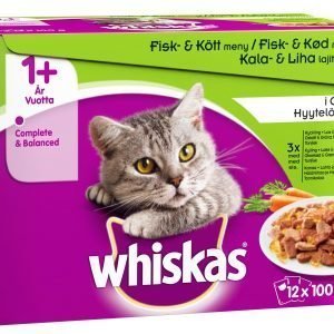 Whiskas 1+ Kala&Lihalajitelma Kasvis Hyytelössä 12 X 100 G Kissan Annospakkaus
