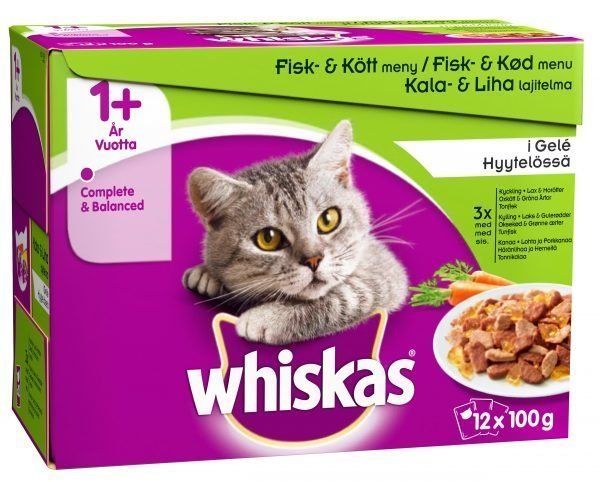 Whiskas 1+ Kala&Lihalajitelma Kasvis Hyytelössä 12 X 100 G Kissan Annospakkaus