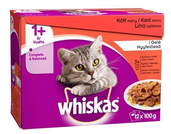 Whiskas 1+ Lihalajitelma Hyytelöss  12 X 100 G Kissan Annospakkaus