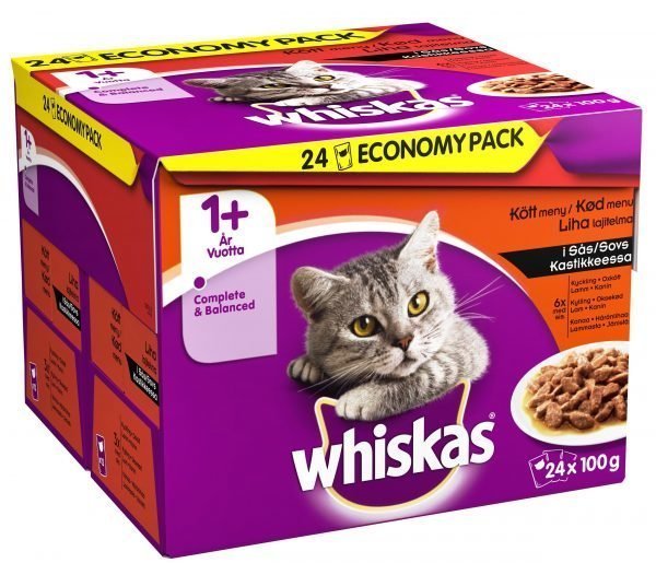 Whiskas 1+ Lihalajitelma Kastikkeessa 24 X 100 G Kissan Annospakkaus